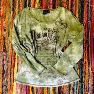 Suzie in the City Green Tie Dye Long Sleeve – Y2K Boho Butterfly Top Med